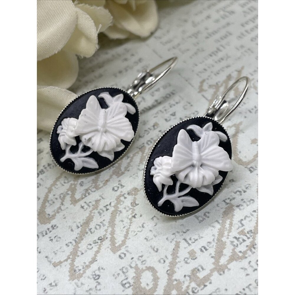Black Butterfly Gift Cameo fancy Silver Boutique French Wire Earrings Wedding